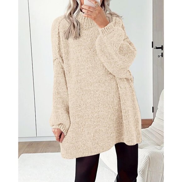 Women’s Oversized Knitted Sweater Long Sleeve Mock Neck Fall Winter Top - Picture 2 of 7